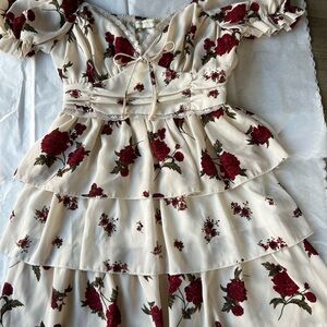 Elegant Floral Cream and Red Mini Dress